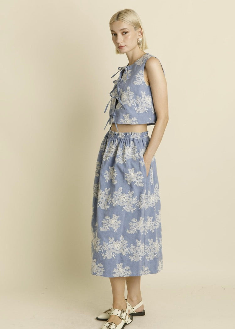 FLORAL DENIM MIDI SKIRT
