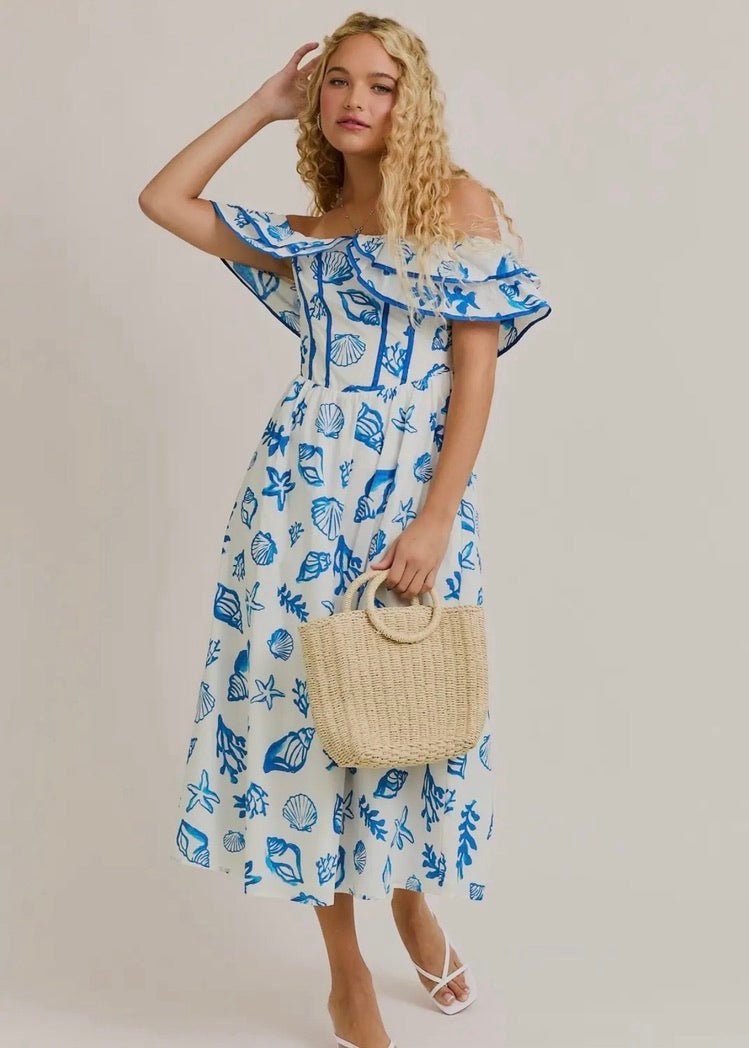Seashell Off-Shoulder Midi Dress Coastal Blue Seashell Off-Shoulder Midi Dress Coastal Blue