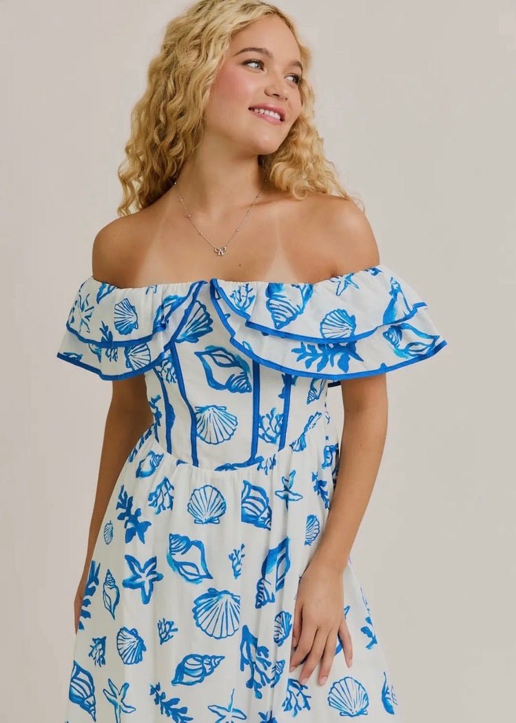 Seashell Off-Shoulder Midi Dress Coastal Blue Seashell Off-Shoulder Midi Dress Coastal Blue